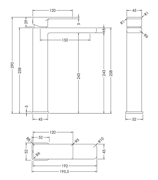 Nuie Windon High Rise Mono Basin Mixer Chrome dimensions diagram WIN370