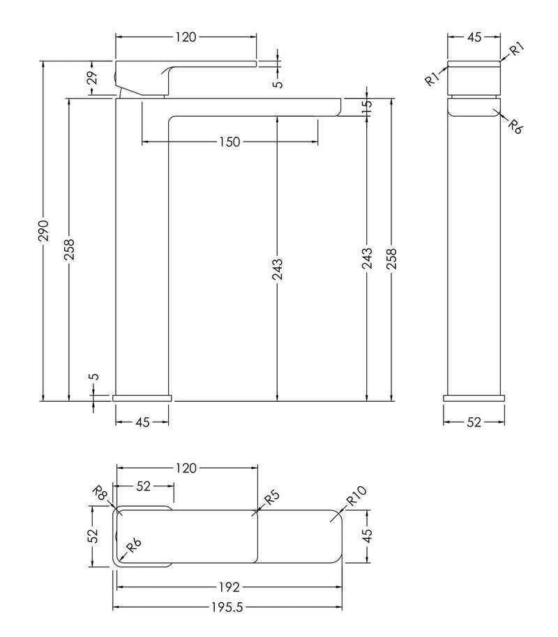 Nuie Windon High Rise Mono Basin Mixer Matt Black dimensions diagram WIN470