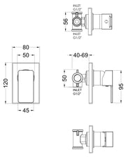 Nuie Windon Manual Concealed Shower Valve 1 Outlet Chrome dimensions diagram WINMV10