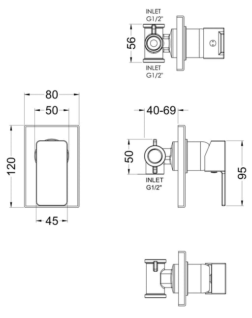 Nuie Windon Manual Concealed Shower Valve 1 Outlet Chrome dimensions diagram WINMV10