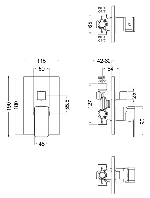 Nuie Windon Manual Concealed Shower Valve With Diverter 2 Outlet Chrome dimensions diagram WINMV12