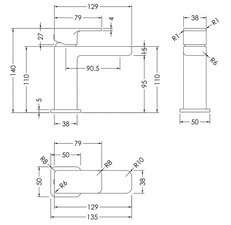 Nuie Windon Mini Basin Mixer Chrome dimensions diagram WIN315
