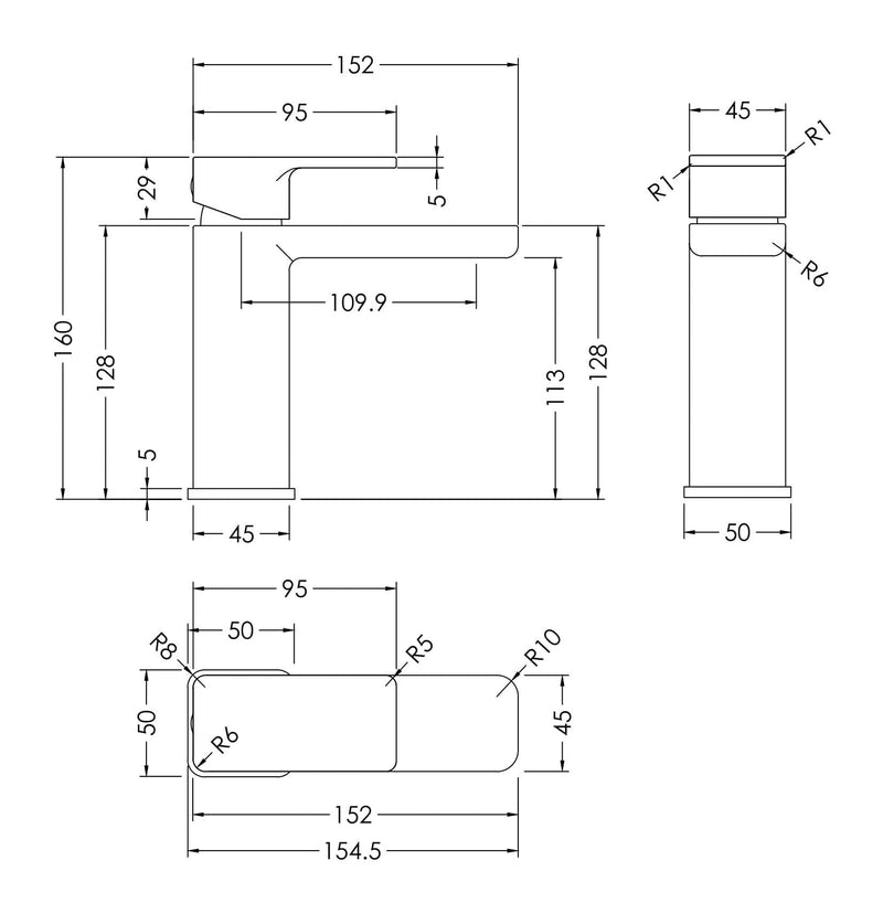 Nuie Windon Mono Basin Mixer Brushed Bronze dimensions diagram WIN1505