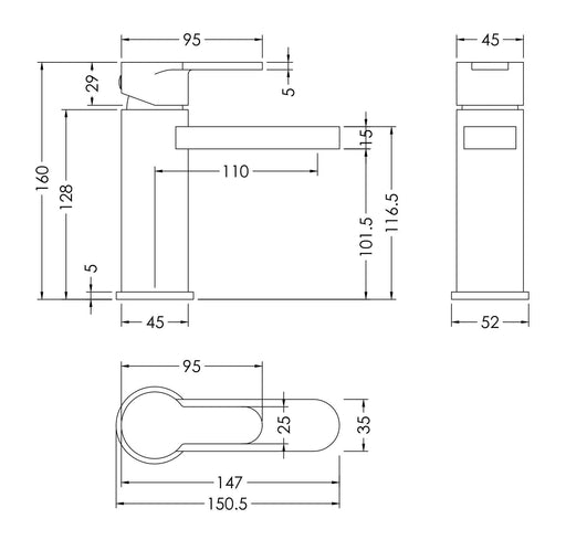 Nuie Windon Mono Basin Mixer Brushed Pewter dimensions diagram WIN705