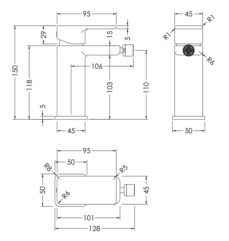 Nuie Windon Mono Bidet Mixer Chrome dimensions diagram WIN306