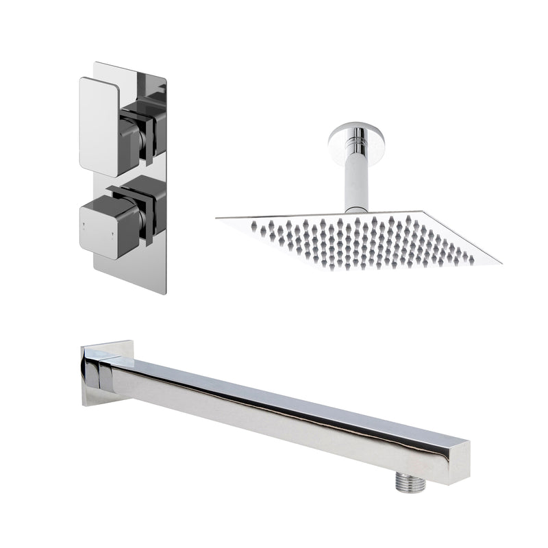 Nuie Windon Chrome Twin Thermostatic Valve, Square Wall-Mounted Arm & Fixed Head Shower Set — SBS01TW1
