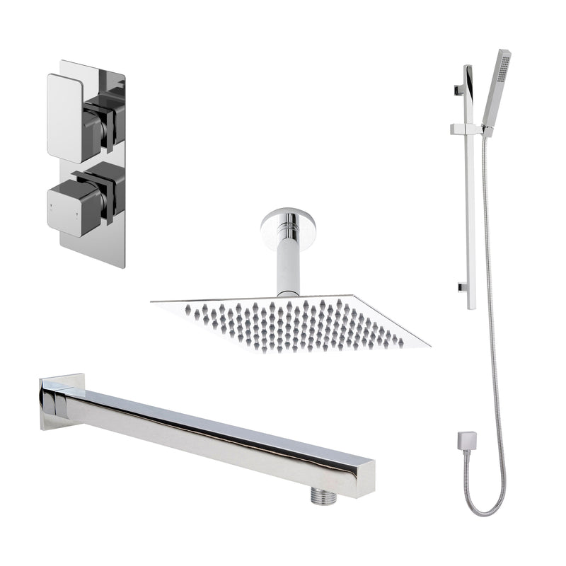 Nuie Windon Chrome Twin Thermostatic Valve with Diverter, Shower Arm, Fixed Head & Slide Rail Kit Shower Set — SBS06TW2