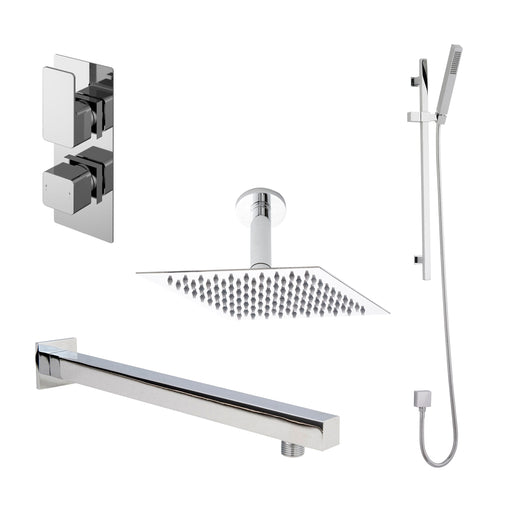 Nuie Windon Chrome Twin Thermostatic Valve with Diverter, Shower Arm, Fixed Head & Slide Rail Kit Shower Set — SBS06TW2