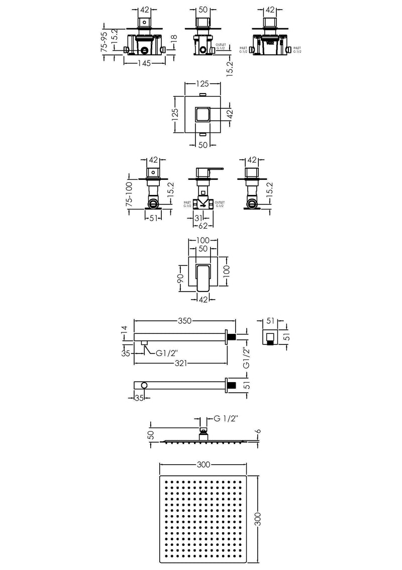 Nuie Windon Chrome 1 Outlet Concealed Thermostatic Shower System with Cartridge & Riser dimensions line drawing