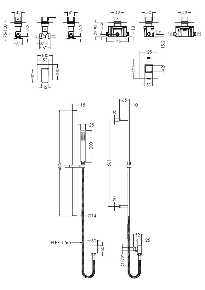 Nuie Windon Chrome 1 Outlet Concealed Thermostatic Shower Valve with Cartridge dimensions line drawing