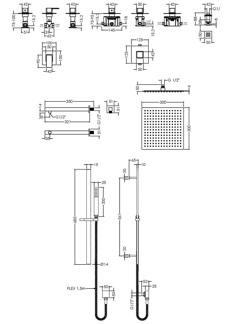 Nuie Windon Chrome 3 Outlet Concealed Thermostatic Shower System with Stop Taps dimensions line drawing