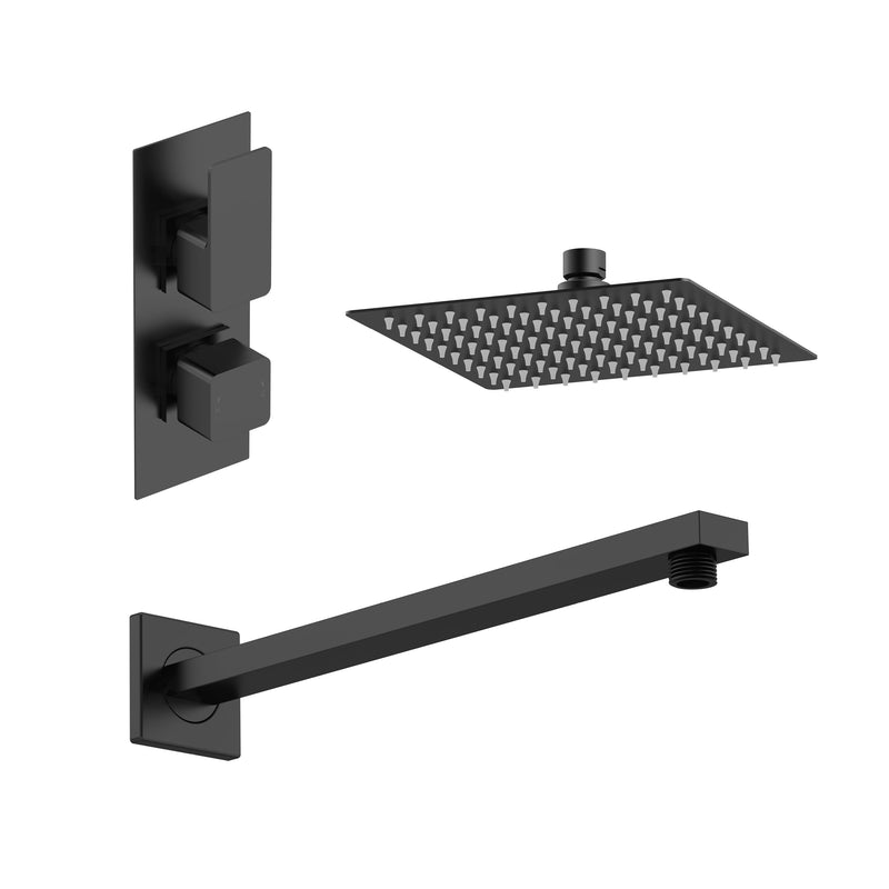 Nuie Windon Matt Black Twin Thermostatic Valve, Square Wall-Mounted Arm & Fixed Head Shower Set — SBS41TW1