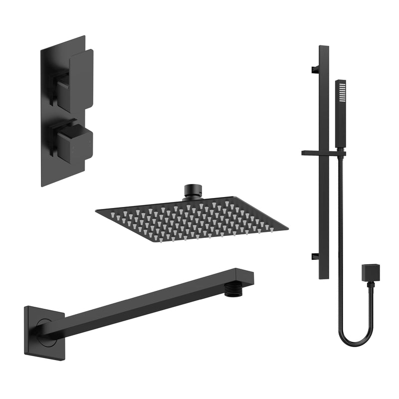 Nuie Windon Matt Black Twin Thermostatic Valve with Diverter, Shower Arm, Fixed Head & Slide Rail Kit Shower Set — SBS46TW2