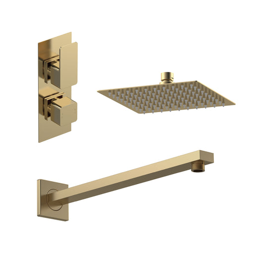 Nuie Windon Brushed Brass Twin Thermostatic Valve, Square Wall-Mounted Arm & Fixed Head Shower Set — SBS81TW1