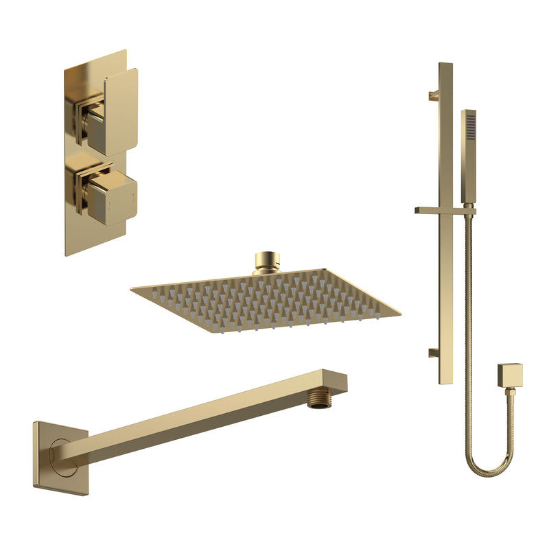 Nuie Windon Brushed Brass Twin Thermostatic Valve with Diverter, Shower Arm, Fixed Head & Slide Rail Kit Shower Set — SBS86TW2
