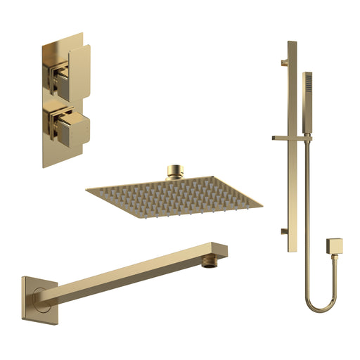 Nuie Windon Brushed Brass Twin Thermostatic Valve with Diverter, Shower Arm, Fixed Head & Slide Rail Kit Shower Set — SBS86TW2