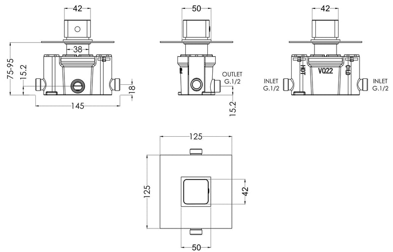 Nuie Windon Thermostatic Temperature Control Valve Chrome dimensions diagram WINTC11
