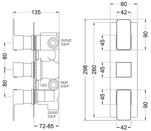 Nuie Windon Triple Concealed Thermostatic Shower Valve With Diverter 3 Outlet Brushed Brass dimensions diagram WIN8TR03