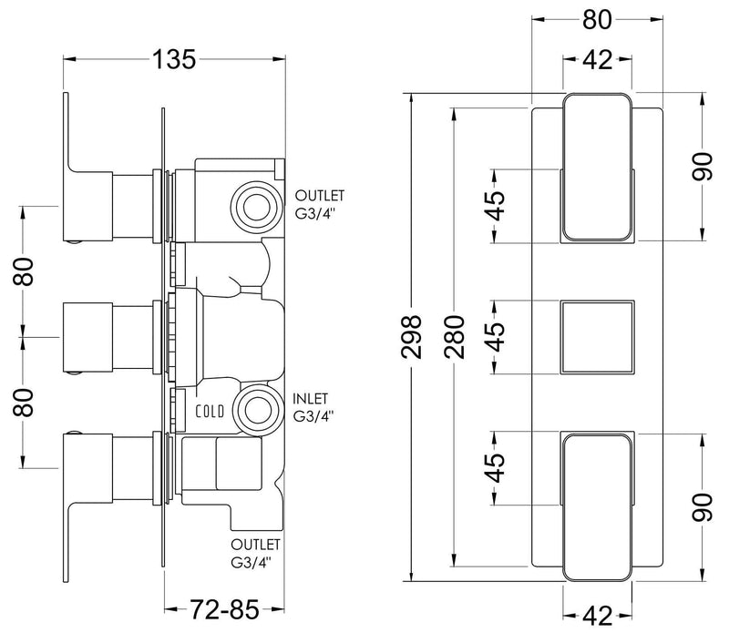 Nuie Windon Triple Concealed Thermostatic Shower Valve With Diverter 3 Outlet Chrome dimensions diagram WINTR03