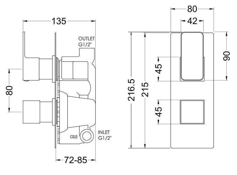 Nuie Windon Twin Concealed Thermostatic Shower Valve (1 Outlet) Brushed Brass (WIN8TW01) line drawing