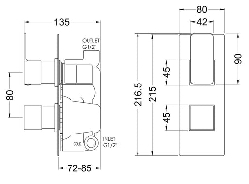 Nuie Windon Twin Concealed Thermostatic Shower Valve (1 Outlet) Brushed Brass (WIN8TW01) line drawing