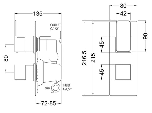 Nuie Windon Twin Concealed Thermostatic Shower Valve 1 Outlet Brushed Bronze dimensions diagram WIN15TW01