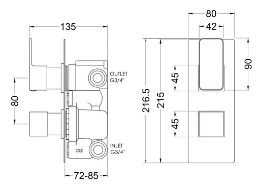 Nuie Windon Twin Concealed Thermostatic Shower Valve With Diverter 2 Outlet Brushed Brass dimensions diagram WIN8TW02