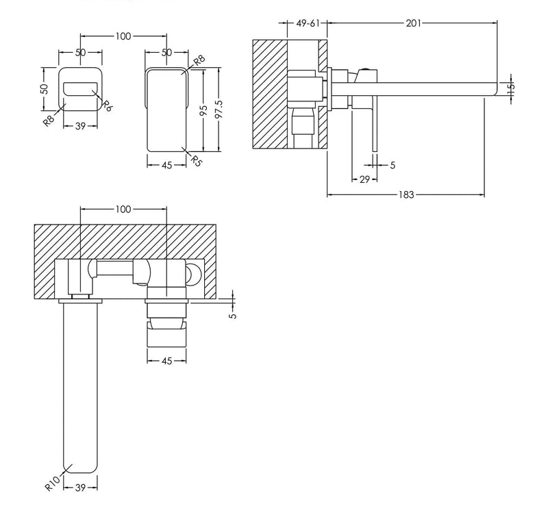 Nuie Windon Wall Mounted Basin Mixer 2 Tap Hole Chrome dimensions diagram WIN381