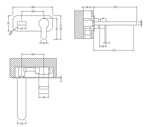 Nuie Windon Wall Mounted Basin Mixer 2 Tap Hole with Plate Brushed Brass dimensions diagram WIN828
