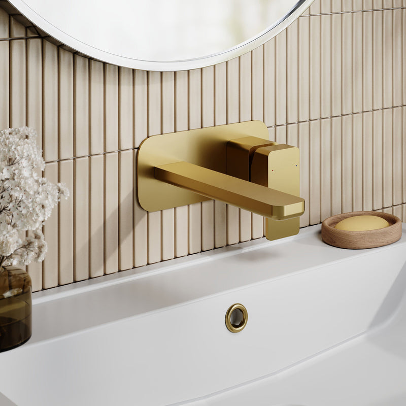 Nuie Windon Wall Mounted Basin Mixer 2 Tap Hole with Plate Brushed Brass lifestyle image