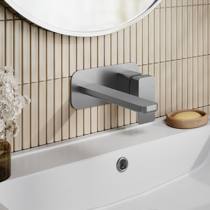 Nuie Windon Wall Mounted Basin Mixer 2 Tap Hole with Plate Brushed Pewter lifestyle image
