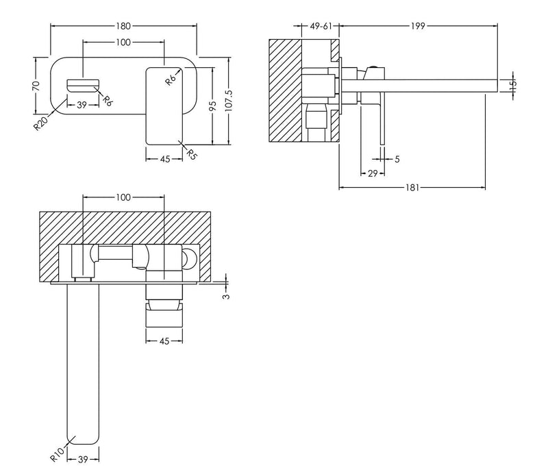 Nuie Windon Wall Mounted Basin Mixer 2 Tap Hole with Plate Chrome dimensions diagram WIN328