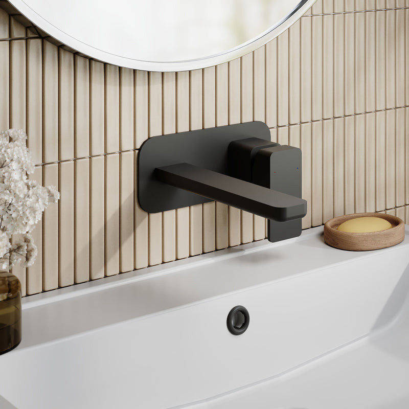 Nuie Windon Wall Mounted Basin Mixer 2 Tap Hole with Plate Matt Black lifestyle image