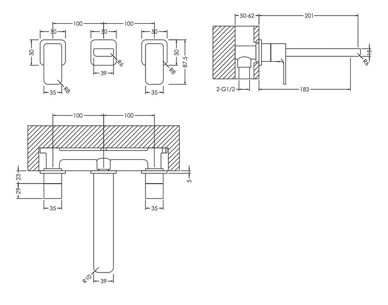 Nuie Windon Wall Mounted Basin Mixer 3 Tap Hole Chrome dimensions diagram WIN317