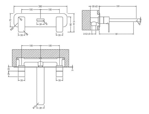 Nuie Windon Wall Mounted Basin Mixer 3 Tap Hole with Plate Chrome dimensions diagram WIN350