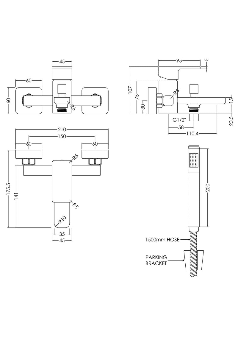 Nuie Windon Wall Mounted Bath Shower Mixer Chrome dimensions diagram WIN316