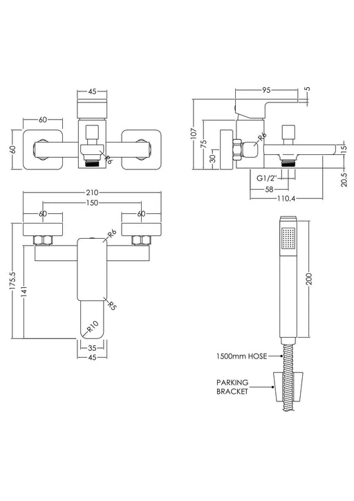 Nuie Windon Wall Mounted Bath Shower Mixer Chrome dimensions diagram WIN316