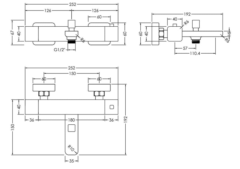 Nuie Windon Wall Mounted Thermostatic Bath Shower Mixer Chrome dimensions diagram WIN005