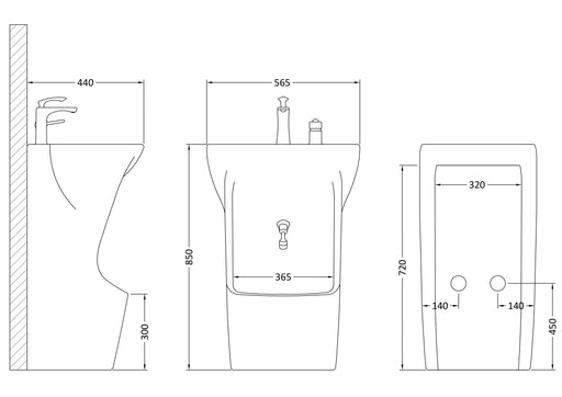 Nuie Wudu Ceramic Sink and Foot Wash Basin White (NWU101) line drawing