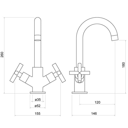 Nuie Yareth Cross Handle Kitchen Mixer Tap Chrome (KYA305DL) line drawing