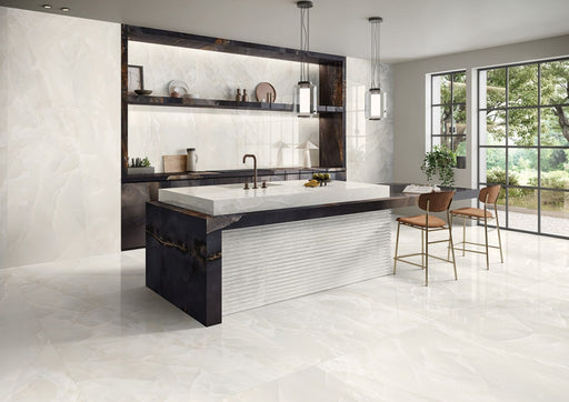 Orlando Ivory Onyx Effect Polished Porcelain Wall & Floor Tile 600x1200mm