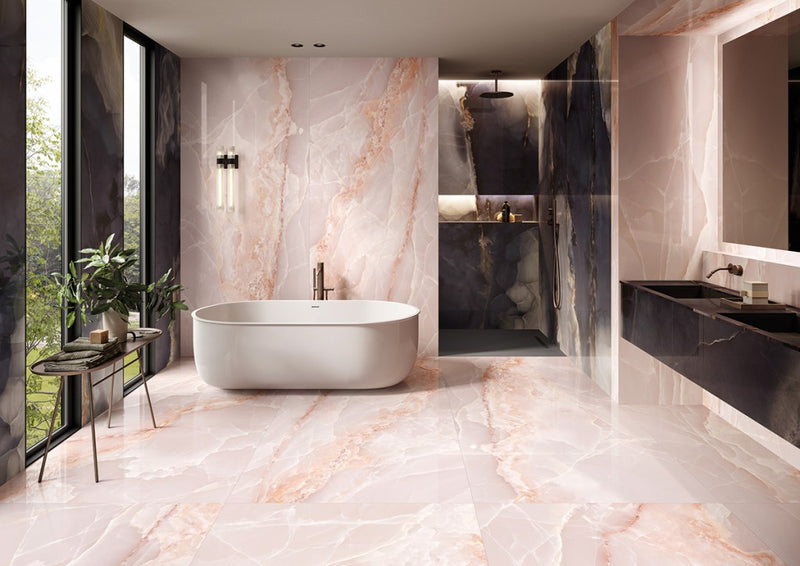 Orlando Pink Onyx Effect Polished Porcelain Wall & Floor Tile 600x1200mm