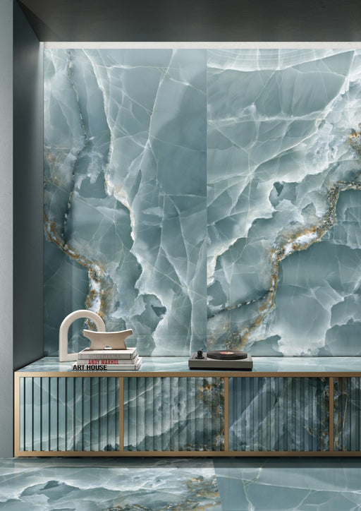 Orlando Turquoise Onyx Effect Polished Porcelain Wall & Floor Tile 600x1200mm