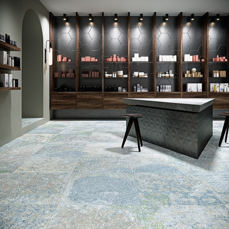 Plantation Blue Vintage Pattern Matt Porcelain Wall & Floor Tile 500x1000mm