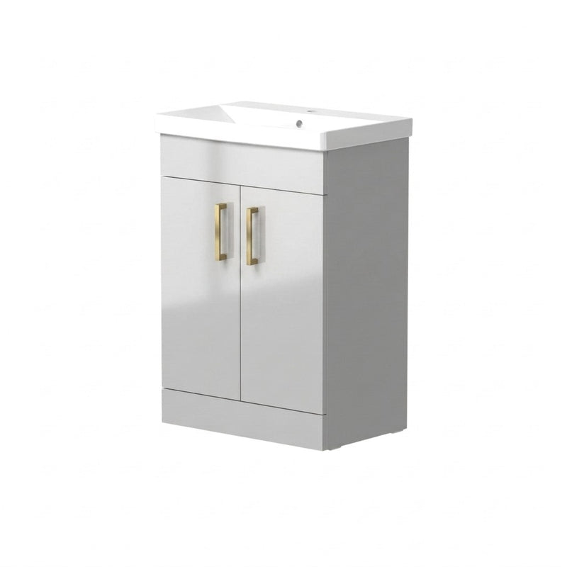 Portland 500mm Two Door Floor Standing Unit & Basin in Gloss Grey with Brushed Brass Handles