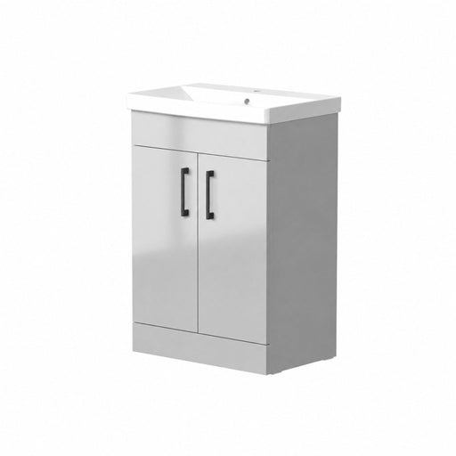 Portland 500mm Two Door Floor Standing Unit & Basin in Gloss Grey with Matt Black Handles