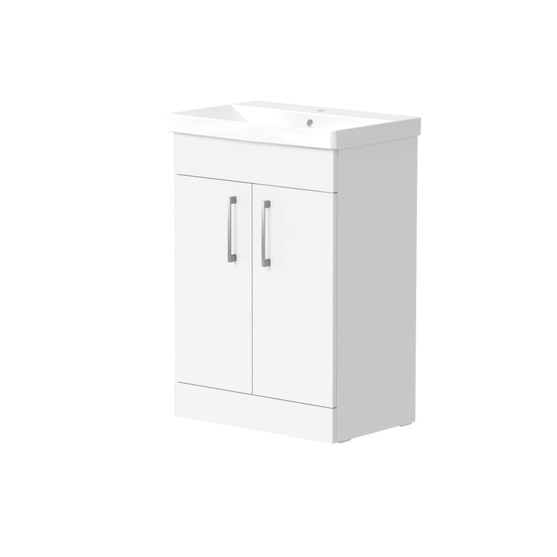 Portland 500mm Two Door Floor Standing Unit & Basin in White Gloss with Chrome Handles