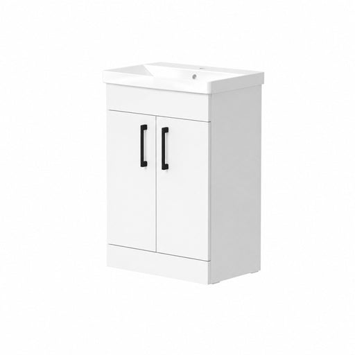 Portland 500mm Two Door Floor Standing Unit & Basin in White Gloss with Matt Black Handles