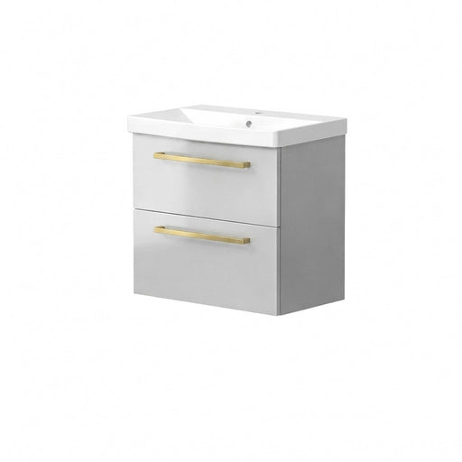 Portland 600mm Two Drawer Wall Hung Unit & Basin in Gloss Grey with Brushed Brass Handles