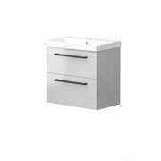 Portland 600mm Two Drawer Wall Hung Unit & Basin in Gloss Grey with Matt Black Handles